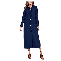 Women's Casual Dresses Large Loose Solid Cotton Linen Round Neck Short Sleeve Pocket Button Dress Long Summer