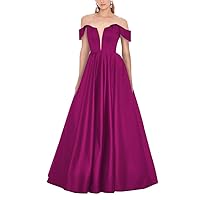 V-Neck Satin Prom Dress Long Plus Size Off Shoulder Ball Gown with Pockets Fuchsia