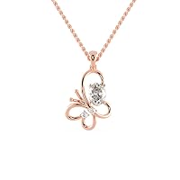 Certified Butterfly Pendant in 14K White/Yellow/Rose Gold with 0.08 Ct Round Natural Diamond & 1.09 Ct Oval Moissanite Solitaire Diamond & 18k Gold Chain Necklace for Women, Wife, Mother, Sister