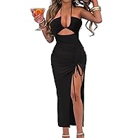 Lancifolium Halter Cut Out Long Dress for Women Drawstring Slit Side 2024 Trendy Cocktail Party Outfit