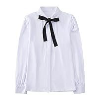 Women Chiffon Bow Tie Knot Long Sleeve Blouse Kawaii Girls School Uniform White Lady Bowknot OL Button Down Shirt