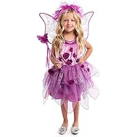 Little Adventures Purple Blossom Fairy Costume Dress with Wings, Halo, and Wand Set - Machine Washable Dress Up