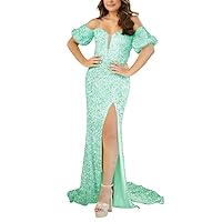 Sequin Prom Dresses Long with Slit Sparkly Mermiad Evening Gowns Puffy Sleeves Homecoming Party Dresses for Teens 2023