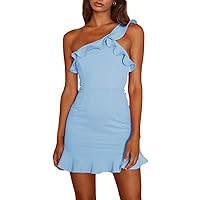 Women's Sexy One Shoulder Ruffle Hem Mini Dress Backless Sleeveless Party Cocktail Bodycon Solid Short Dresses