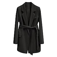 Women's Elegant Lapel Belted Long Blazer 2023 Fall Long Sleeve Self Tie Waist Blazer Dressy Mini Dress for Work