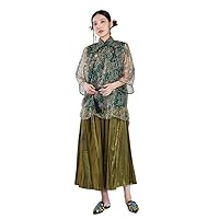 Women's Silk Organza Oriental Elements Dress Floral Print Connect Shoulder Sleeve Blouse 126