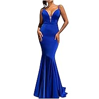 Women's Sexy Deep V Neck Spaghetti Strap Bodycon Gown Backless Maxi Mermaid Formal Evening Prom Floor Length Dress