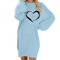 Top Christmas Deals Women's Lantern Sleeve Plush Sweater Dress Loose Heart Pattern Print Dresses Trendy Fuzzy Knit Long Sleeve Dress Vestidos De Otoño De