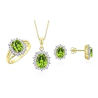 Rylos Princess Diana Inspired Matching Set, Yellow Gold Plated Silver Ring, Earrings & Pendant with 18