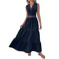 Summer Dresses for Women 2024 Guipure Lace Insert Ruffle Hem Casual Dress Sleeveless
