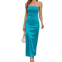 Wedding Guest Dresses for Women Summer Strapless Satin Tube Bodycon Backless Maxi Dress Elegant Evening Party Dress