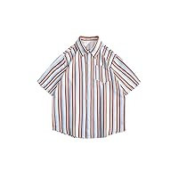 Men' American Youth Striped Shortsleeved Shirt Street Handsome Loose Casual Thin Button Blouse Tops