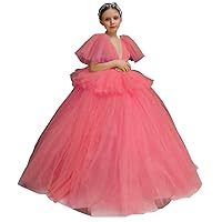 Girl's Puff Sleeves Flower Girl Dresses Tulle Layers First Communion Dresses