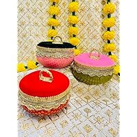give away gift boxes, set of 6 boxes decorated with silk cloth, beautiful laces stainless steel box, capacity 500 gm