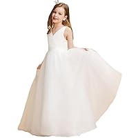 Flower Girls Dresses Sleeveless V-Neck Maxi Girl Dress- Tulle Elegant Party Ball Gowns with Bow-Knot 5-14Y