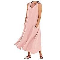 XJYIOEWT Maxi Dresses for Women 2024,Womens Solid Color Round Neck Pockets Casual Long Dress Daily Tank Dress Womens Ca
