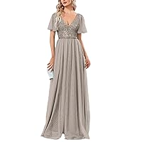 Sequins Evening Dress V-Neck A-Line Ruffles Chiffon Robe Short Sleeves Formal Wedding Party Dresses