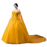 LSJY Women's Luxurious Off The Shoulder Quinceanera Dresses 3D Floral Prom Dress Detachable Shawl Ball Gown Formal Dress