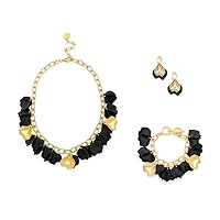 ZENZII 3 Pieces Gold Flower Petal Jewelry Set for Women in Black: Earrings, Bracelet, Necklace