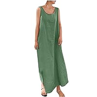 Women's Plus Size Cotton Linen Dress Scoop Neck Sleeveless Maxi Tank Dresses Summer Loose Flowy Hawaiian Dresses