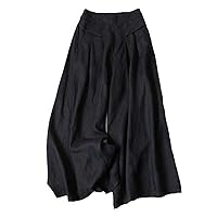 Summer Women's Wide Pants Aesthetic Cotton Linen Ankle-Length Pants Elastic Waist Loose Solid Trousers
