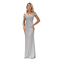 Sequin Off Shoulder Prom Dresses Sparkly V Neck Mermaid Formal Evening Party Gowns for Women 2024 DR0497