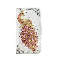 Crystal Wallet Phone Case Compatible with iPhone 13 - Peacock - Pink - 3D Handmade Sparkly Glitter Bling Leather Cover with Screen Protector & Beaded Phone Lanyard