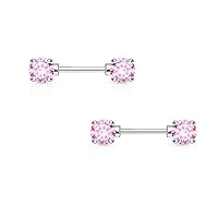 BodyJewelryOnline Pair of Nipple Barbells 14G Surgical Steel with Round Prong Set CZ Gems