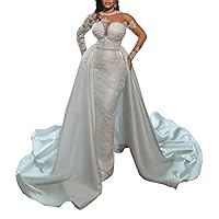 Plus Size Sequins lace Satin Bridal Ball Gown with Detachable Train Mermaid Wedding Dresses for Women Bride Long