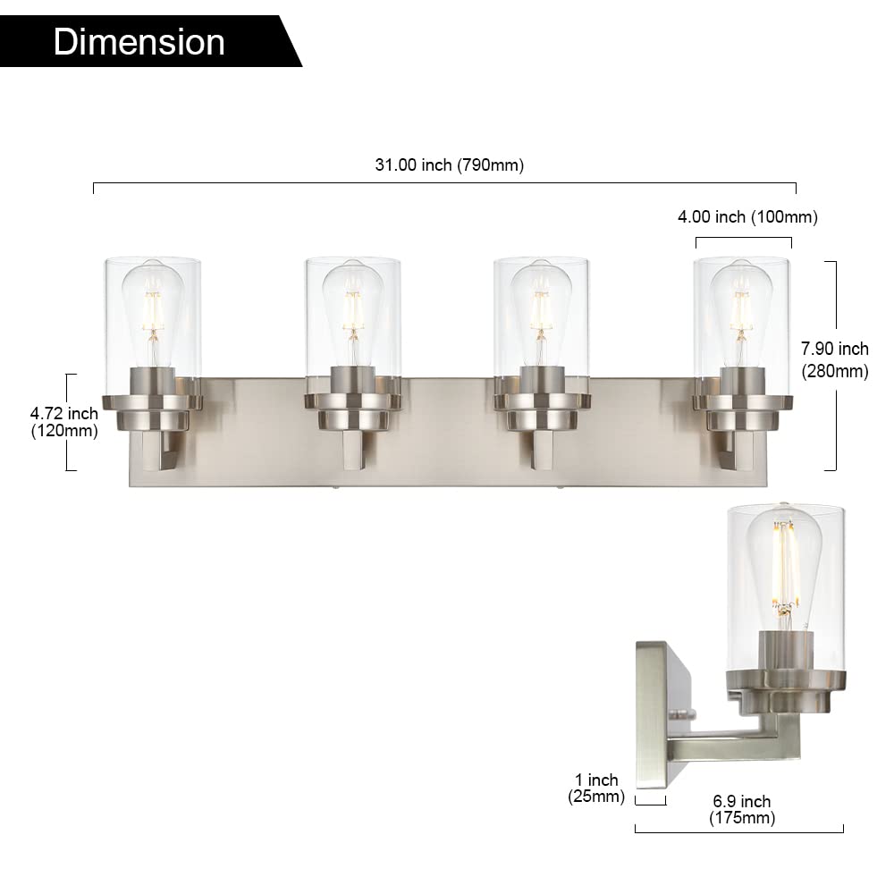MELUCEE 4 Lights Vanity Light Brushed Nickel Modern Bathroom Lighting Fixtures Over Mirror with Clear Glass Shade, Industrial Wall Lights for Mirror Cabinet Kitchen