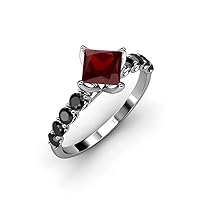 Red Garnet Princess Cut & Side Black Diamond Engagement Ring 1.53 ctw 14K Gold