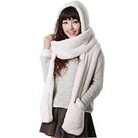 3 in 1 Women Girl Hooded Scarf With Pockets Hat Scarf Gloves Set