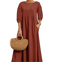 Women's Solid Color Lantern Sleeves Loose Dress Cotton Linen Retro Pocket Long Dress
