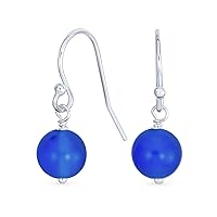 Simple Basic Gemstone Round 8MM Bead Ball Drop Dangle Earrings For Women Teen Secure French Fish Hook Wire .925 Sterling Silver Birthstones More Colors