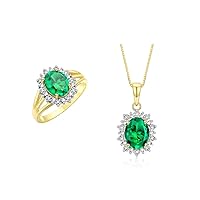 Women's Yellow Gold Plated Silver Princess Diana Ring & Pendant Set. Gemstone & Diamonds, 9X7MM Birthstone. Matching Friendship Jewelry, Sizes 5-10.