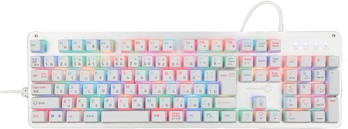 Cyberplugs NASR Series Gaming Keyboard, White, Red Axis, JIS Japanese Layout, Keyboard, Mechanical Keyboard, 20 LED Color Changes, All Keys, Independent Settings, Full Size, 108 Keys, Collision