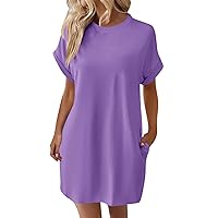 Summer Dresses for Women 2024 Casual Solid Color Crew Neck Loose Short Sleeve Beach Dress with Pocket
