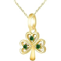 Created Round Cut Green Emerald Gemstone 925 Sterling Silver 14K Gold Finish Shamrock Clover Pendant Necklace for Women's & Girl's