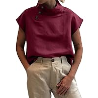 Celmia High Neck Tee for Women Buttoned Collar Summer Cotton Short Sleeve Blouse