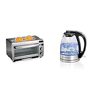 Hamilton Beach 2-in-1 Countertop Oven and Long Slot Toaster, Stainless Steel & Glass Electric Tea Kettle, Water Boiler & Heater, 1 Liter, 1500 Watts for Fast Boiling, Soft Blue LED (40930)