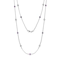13 Station Amethyst & Natural Diamond Cable Necklace 1.16 ctw 14K White Gold. Included 18 Inches Gold Chain.