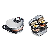 Hamilton Beach Belgian Waffle Maker with Non-Stick Copper Ceramic Plates, Browning Control, Indicator Lights, Stainless Steel (26081) & Dual Breakfast Sandwich Maker with Timer, Silver (25490A)