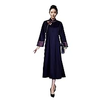 Women Dress Wool Mock Neck Long Sleeve Chinese Element Button Cheongsam Evening Party Midi Blue Dress 2762