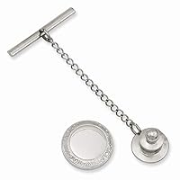 Solid Polished Patterned Engravable (front only) Rhodium Plated Round Tie Tack Jewelry Gifts for Men
