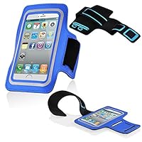 ! Neoprene Sports Gym Jogging Armband arm Pocket for Smartphones with 3.7-4.5 inches for Example. iPhone 4, S3, etc. Mini with Key Pocket, Headphone Jack in Blue