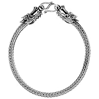 Sterling Silver Large Link 4mm Foxtail Tulang Naga Bali Bracelets for Men Dragon Head Clasp Handmade Combo Finish Nickel Free 8-9 inch