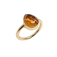Gold Plated Brass Pear Rose Cut Dark Citrine Hydro Gemstone Ring