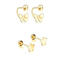 18k Gold Screwback Earrings for Women, Butterfly Earrings and Star Studs, Jewelry Gifts for Her