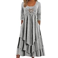 Irregular Hem Long Sleeve Dress for Women Fashion Crewneck Dresses A Line Flowy Pleated Casual Fall Maxi Dress