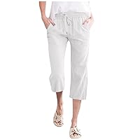 Capri Pants for Women Summer Casual Linen Capris Cotton Linen Cropped Pants Elastic High Waist Drawstring Pants with Pockets